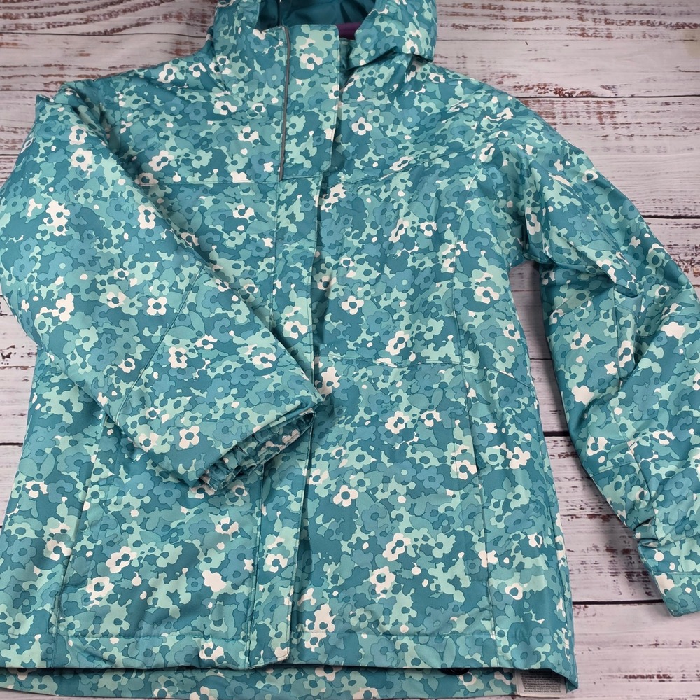 Columbia Interchange Jacket Girls Medium 10/12 Teal Floral Good Omni-Heat Hooded